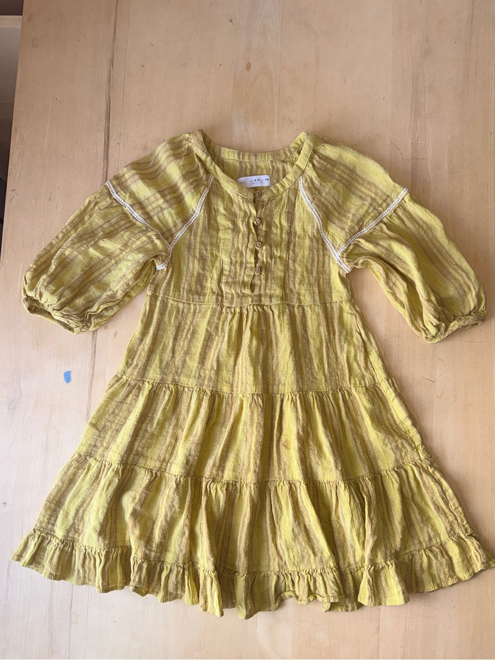 Zara kids Linen Blend Long Sleeve mustard yellow / beige dress 9/10 - Picture 6 of 6